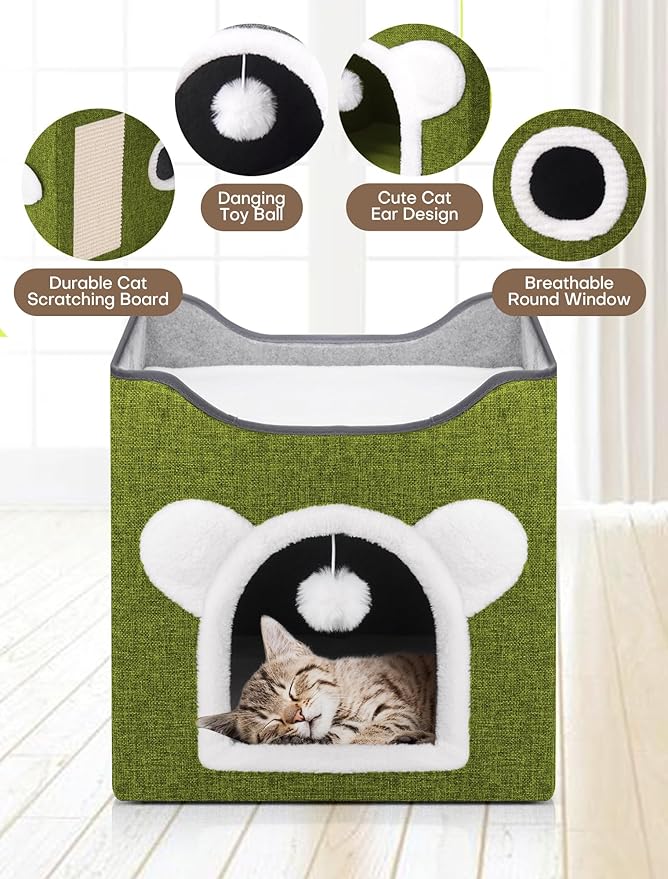 Cat Houses for Indoor Cats, Large Cat Cave with Fluffy Ball and Scratch Pad, Covered Cat Bed House, Foldable Cat Hideaway (Green)