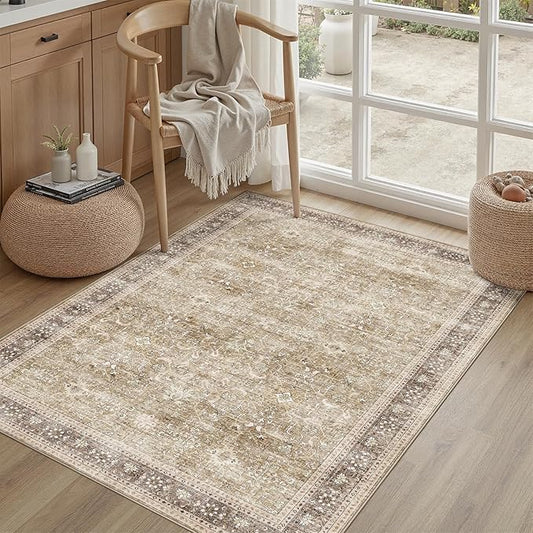 DCX Beige and Taupe 4x6 Rug, Kid & Pet Friendly with Rubber Back Non Slip, Machine Washable Stain Resistant Vintage Traditional Distressed Carpet, Rug for Living Room, Bedroom, Neutral Home Decor