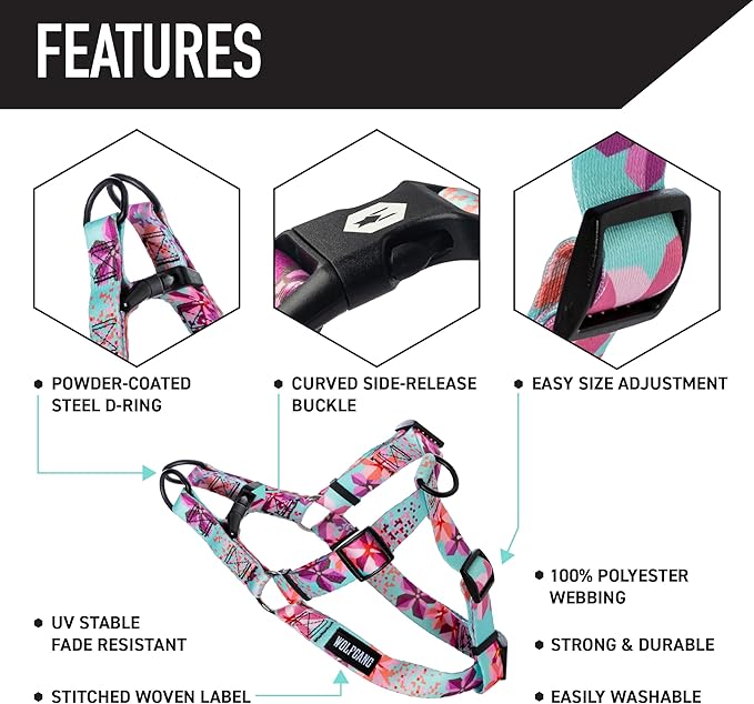 Wolfgang Heavy Duty Adjustable Dog Harness, Pull-Tested to Over 800 lbs for Walking & Training, DigiFloral Print, Medium