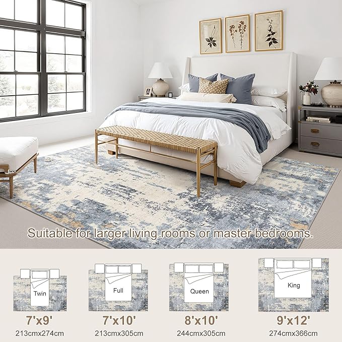 8x10 Area Rug Living Room Rugs - Washable Neutral Modern Abstract Soft Thin Rug Indoor Floor No Slip Rug Carpet for Bedroom Under Dining Table Home Office Decor - Blue/Light Brown