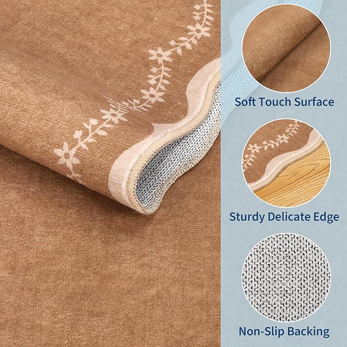 GarveeHome Round Area Rugs 5ft for Bedroom, Solid Brown Washable Circle Rug Soft Non Slip Floral Print Floor Mat Carpet Indoor Thin Rug for Kids Room Dining Room Playroom Nursery