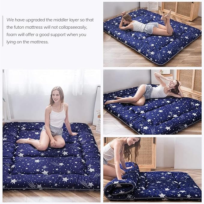 MAXYOYO Navy Starry Sky Japanese Floor Futon Mattress, Tatami Floor Mat Portable Camping Mattress Kids Sleeping Pad Foldable Rolling Up Floor Lounger Couch Bed Queen with Mattress Protector Cover