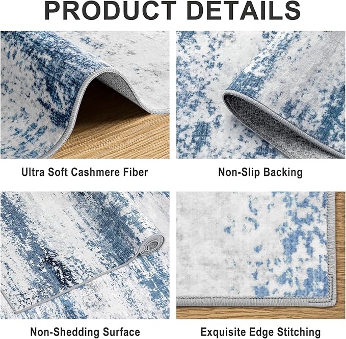 6x9 Area Rugs for Living Room - Washable Rug Modern Abstract Soft Large Neutral Non-Slip Carpet Indoor Floor Thin Carpets for Bedroom Dining Room Farmhouse Nursery Home Office White Blue Grey