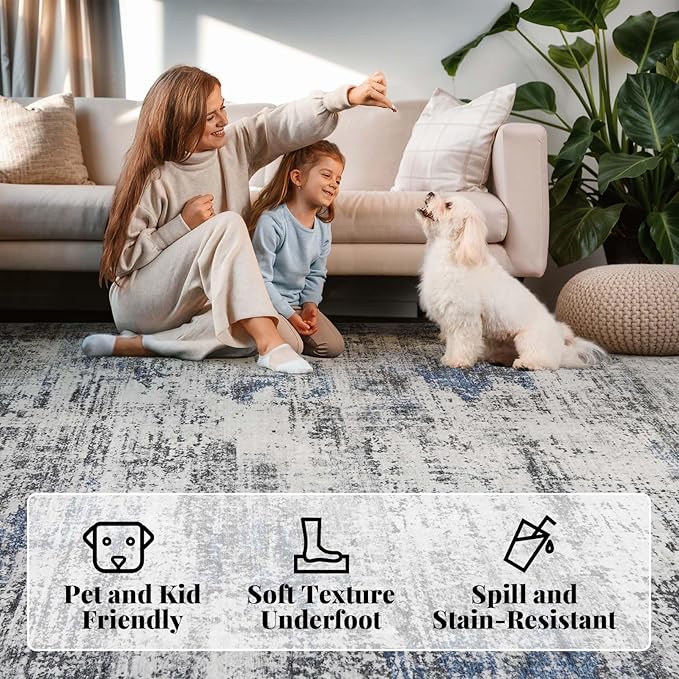 Area Rug Living Room Washable Rugs: 9x12 Modern Neutral Abstract Low Pile Non Slip Floor Carpet - Large Soft Thin Stain Resistant Rug for Bedroom Dining Indoor Office Home, Blue Grey