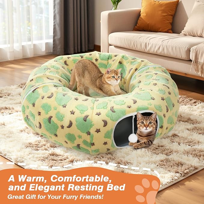 Cat Tunnels for Indoor Cats, 35'' Plush Cat Tunnel Bed with Playful Ball and Circle Cushion, Multifunctional Peekaboo Cat Cave, Interactive Toy Gift for Cats, Kittens, Rabbits, Yellow&Cloud