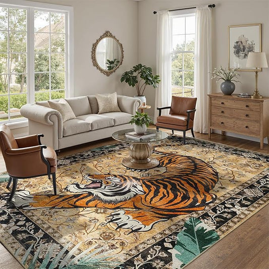 DCX Washable 5x7 Tiger Area Rug, Brown Vintage Animal Rug for Living Room, Soft Low Pile Carpet, Kid & Pet Friendly with Rubber Back Non Slip, Stain Resistant Rug for Bedroom Dining Room Office