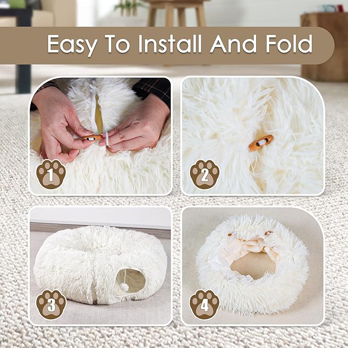 Cat Tunnel Bed for Indoor Cats, Peekaboo Cat Cave with Washable Soft Play Mat, Furry Cat Tube, for Kitten/Puppy/Rabbit, Beige