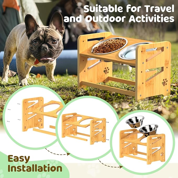 Elevated Dog Bowls, 4 Height Adjustable Raised Dog Bowl Stand with 2 Stainless Steel Bowls for Large, Medium and Small Dogs and Cats, 11" High Bamboo Pet Food Feeder
