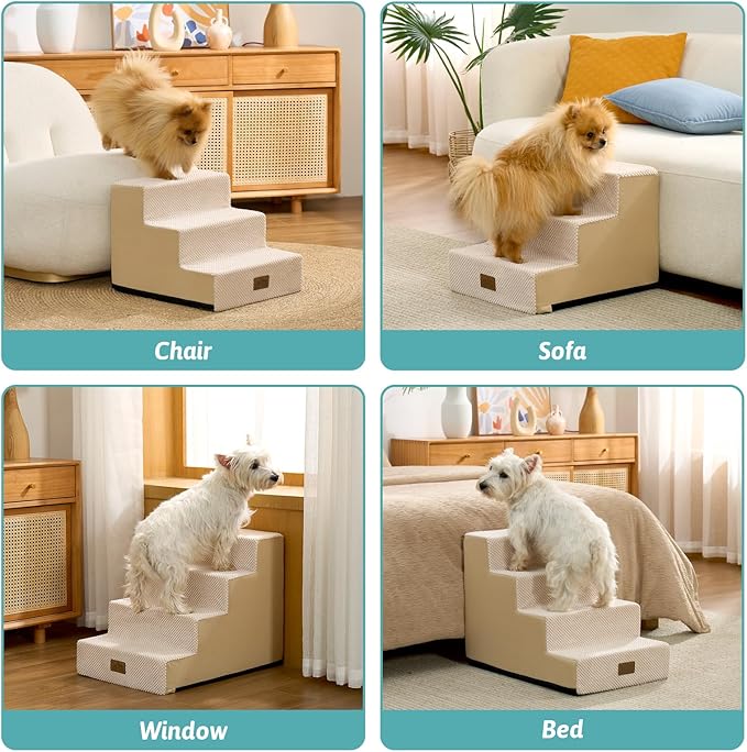 Dog Stairs for Small Dogs, 3 Tier Pet Stairs for Couch, 13.5" H Non-Slip Dog Steps for Old Cats, Puppy, Small Dogs, 15.7x17.7x13.5 inch, Beige