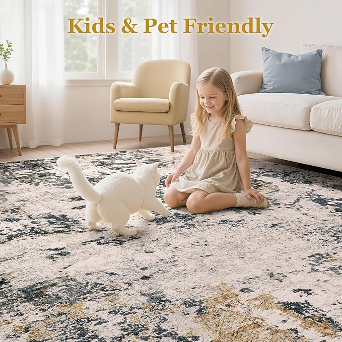 Area Rugs for Living Room: 8x10 Abstract Washable Rug Large Soft Stain Resistant Non-Slip Backing for Bedroom Dining Room Indoor Home Office Carpet for Kids Pet Friendly Families - Grey Gold