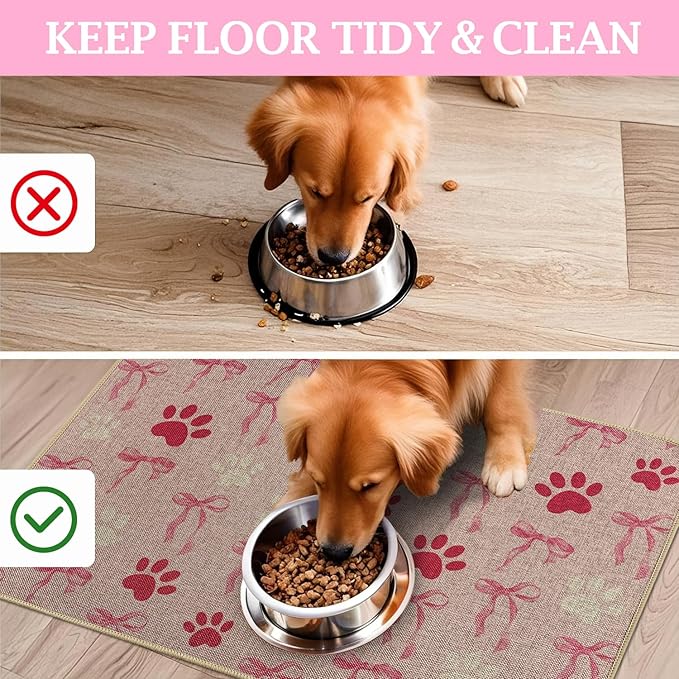 SHIYUE Dog Food Mats for Floors, Absorbent Cat Bowl for Food and Water, Non-Slip Accessories Pet Supplies(12"x20",Pink Bow Footprint)