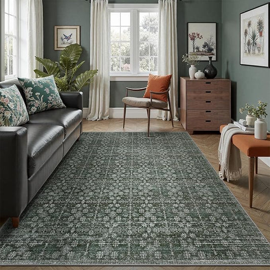 DCX 4x6 Neutral Rug, Kid & Pet Friendly with Rubber Back Non Slip, Machine Washable Stain Resistant Dark Blue and Green Floral Rug for Living Room, Bedroom, Soft Low Pile Large Nursery Carpet