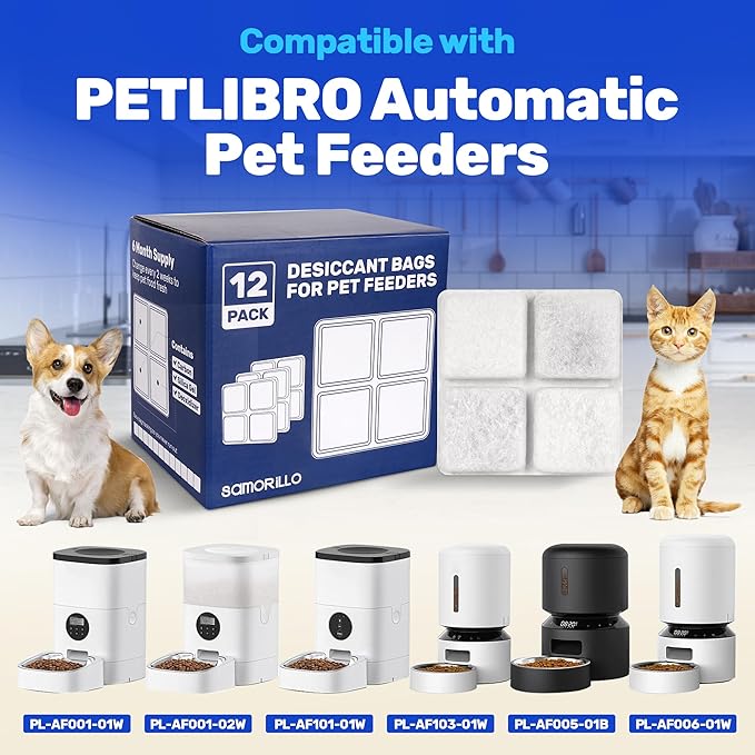 [12 Pack] Desiccant Bag for Petlibro Pet Feeder - Six-Month Supply Keeps Dog Food & Cat Food Dry + Fresh - Removes Moisture & Odors for Automatic Pet Feeders - Made from Silica, Carbon & Deoxidizer