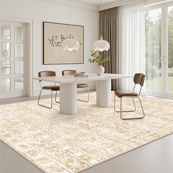 8x10 Area Rugs Living Room Rug: Washable Rug Neutral Lagre Soft Thin Carpet Indoor Floor Non Slip Boho Geometric Moroccan Carpets for Bedroom Dining Room Farmhouse Nursery Office - Beige