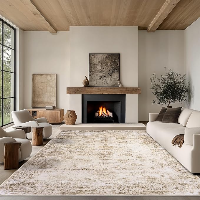 9x12 Area Rug Living Room Rugs - Washable Rug Large Modern Abstract Soft Thin Carpets Indoor Floor No Slip Vintage Carpet for Bedroom Under Dining Table Nursery Home Office Decor Beige