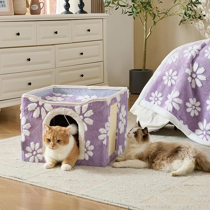 Cat Houses for Indoor Cats, Cute Cat Cave with Fluffy Ball Hanging and Scratch Pad, Foldable Kitten Condo Hideaway, 17x17x13 inches, Purple Flower