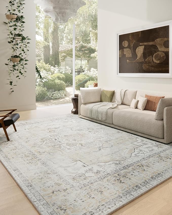 Area Rugs 10x12 Living Room: Washable Rugs for Bedroom Stain Resistant Non Slip Distressed Vintage Large Boho Rug Low Pile Faux Wool Soft Carpets for Living Room Dining Room Farmhouse Playroom