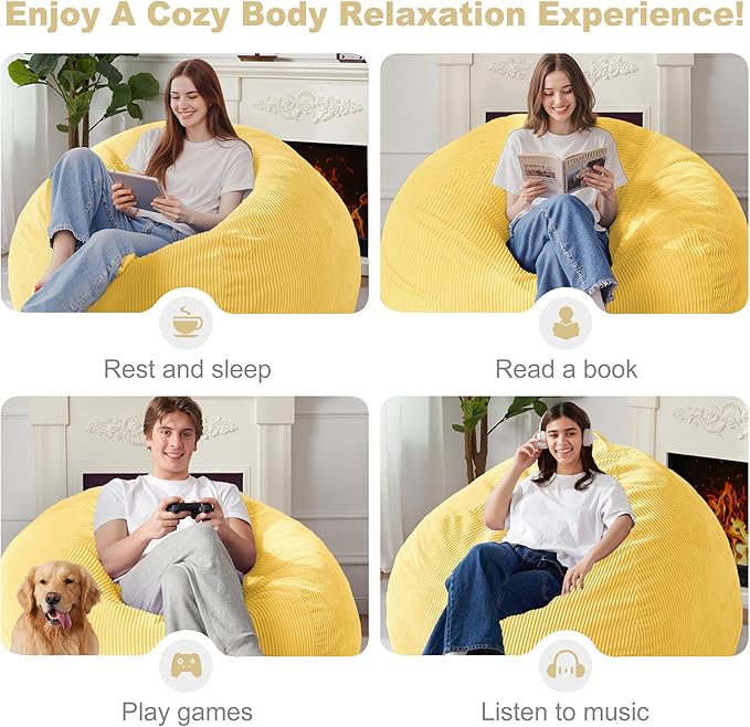 Homguava 5FT Bean Bag Chair for Adults,Teardrop Giant Bean Bags Big Beanbag Chair with Memory Foam Filled and Ultra Soft Removable Corduroy Cover for Living Room, Bedroom (Yellow)