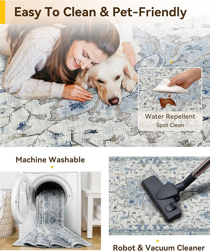 Area Rugs 2'x6' Runner Rug Non Slip Washable for Kitchen Hallway Bedroom Beside Laundry Room Bathroom Rug, Floor Carpet, Light Blue Navy Beige Gray White