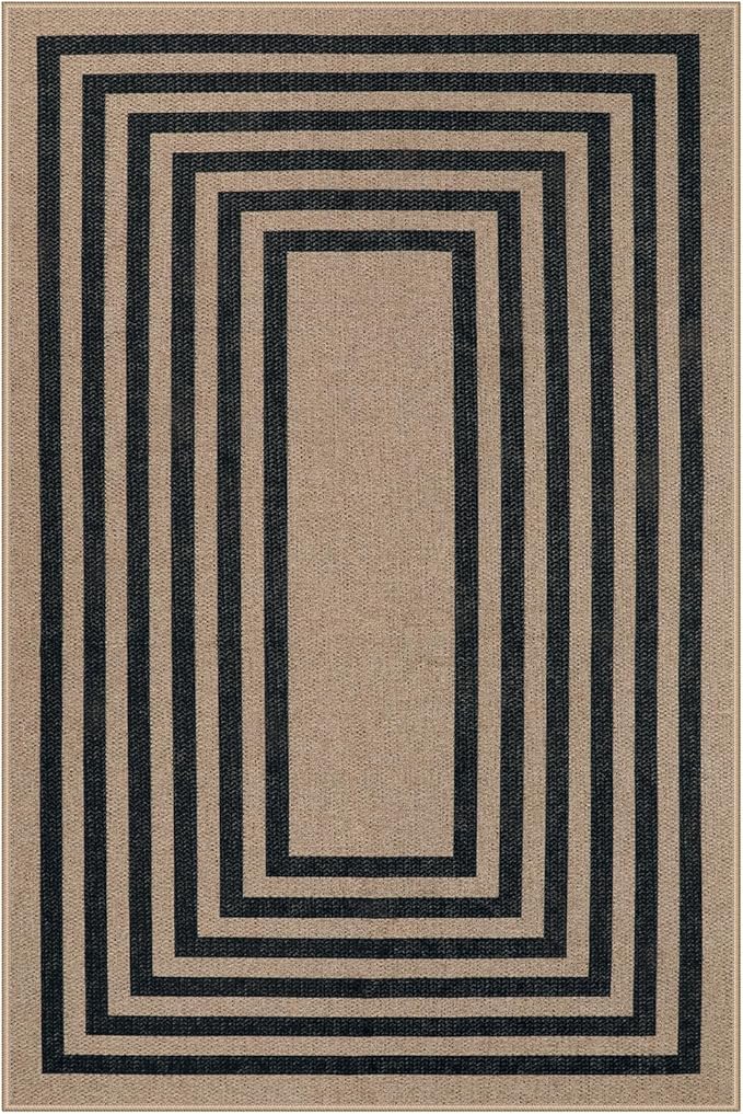 Lahome Modern Geometric Easy Jute Entryway Rug, 4x6 Black Washable Carpet for Bedroom Contemporary Thin Living Room Patio Rug, Farmhouse Non Slip Indoor Outdoor Carpet for Dining Room Backyard
