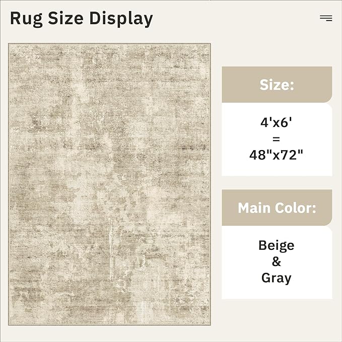 4x6 Area Rugs for Living Room, Vintage Washable Rugs for Dining Room, Bedroom, Home Office Decor, Non-Slip Beige/Gray Carpet Thin Rug