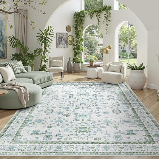 DCX Green 4x6 Rug, Kid & Pet Friendly with Rubber Back Non Slip, Machine Washable Stain Resistant Vintage Boho Floral Rug for Living Room, Bedroom, Soft Low Pile Large Nursery Carpet