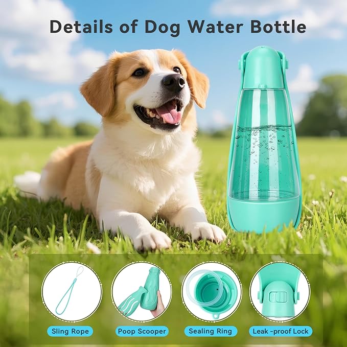 UPSKY Portable Dog Water Bottle, 3-in-1 Foldable Dog Water Dispenser with Food Container & Poop Scooper, Leak Proof, Ideal for Walking, Traveling, Hiking with Small/Large Dogs, 14.2 oz(Green)