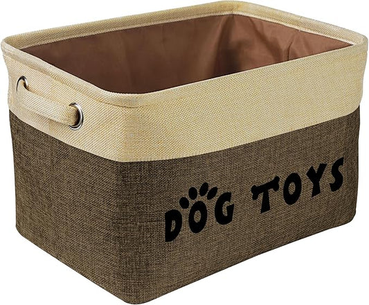 PET ARTIST Dog Toy Basket, Collapsible Dog Toy Bin Box with Comfortable Handles, Large Pet Toy Storage Organizer for Accessories, Toys, Coat & Clothing, Blanket & Leash, Brown, 15"x11"x9"