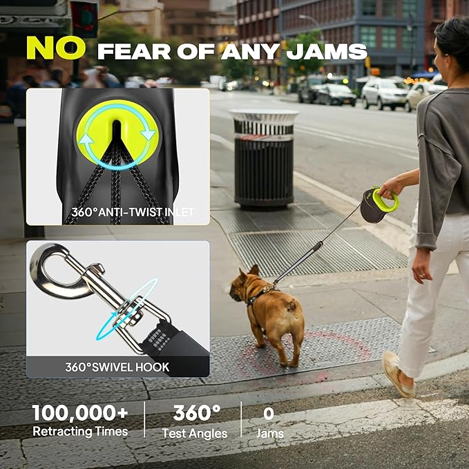 Fida 30ft Upgraded Retractable Dog Leash, Heavy Duty Pet Walking Leash for Medium/Large Breed up to 110 lbs, 360° Tangle-Free Long Retract Dog Lead, Soft Grip, One-Hand Brake, Neon Yellow