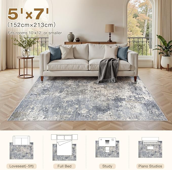 Area Rugs for Living Room: 5x7 Abstract Washable Rug Modern Neutral Large Soft Stain Resistant Non-Slip Backing Machine Table for Bedroom Dining Room Indoor Home Office Carpet - Light Denim Blue