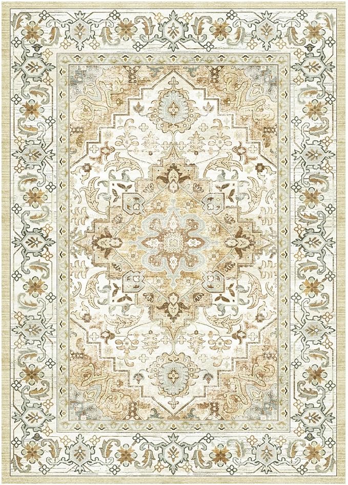 Lessymo 8 x 10 Area Rugs for Living Room, Machine Washable Area Rugs Boho Faux Wool Low Pile Area Rug for Bedroom, Floral Medallion Vintage Rugs with Non-Slip Rubber, Kid & Pet Friendly,Beige