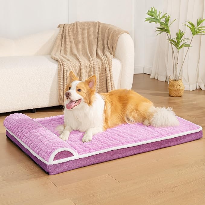 Orthopedic XL Dog Bed Large Sized Dog with Pillow 42''X28'', Waterproof Soft Comfortable Egg Crate Foam Pet Crate Beds Mat with Removable Washable Cover and Non-Slip Bottom, Lilac