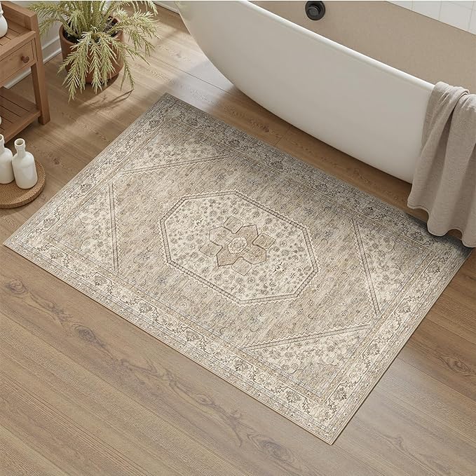 DCX Machine Washable Brown and Beige Entryway Rug 3x5, Non Slip Stain Resistant Vintage Floral Rug for Kitchen Bathroom Front Door Throw Rugs Indoor, Soft Low Pile Small Rugs for Entry
