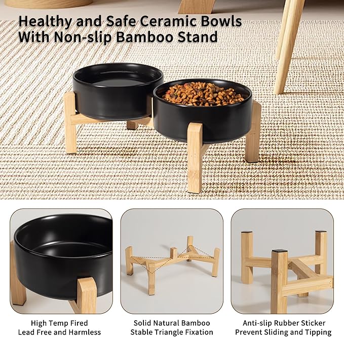 Elevated Ceramic Dog Bowl Set - Raised Feeding Bowls with Non-Slip Bamboo Stand - Small Pet Dishes for Food and Water - Ideal for Cats and Puppies - 16.23 OZ - 2 Cups - 480 ML