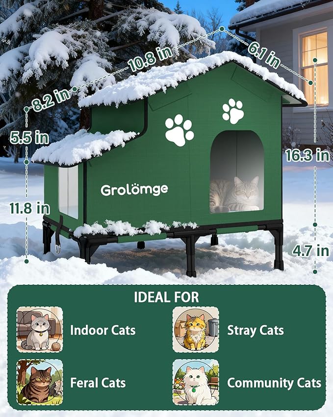 Large Outdoor Heated Cat House for Multiple Cats, Weatherproof Insulated Spire Roof Shelter