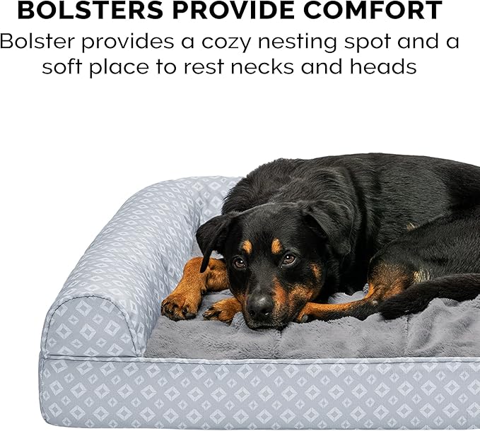 Furhaven Cozy Memory Foam Dog Bed for Large/Medium Dogs w/ Removable Bolsters & Washable Cover, For Dogs Up to 55 lbs - Plush & Diamond Print Nest Top Sofa - Gray, Large