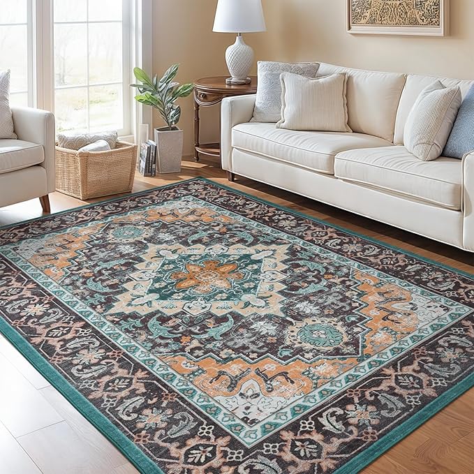 Lofus 6x9 Area Rugs for Living Room, Washable Area Rug, Rugs for Bedroom, Kitchen, Vintage Boho Carpet, Soft Non-Slip, Low Pile Large Area Rug for Office Dining Room, Floral Green
