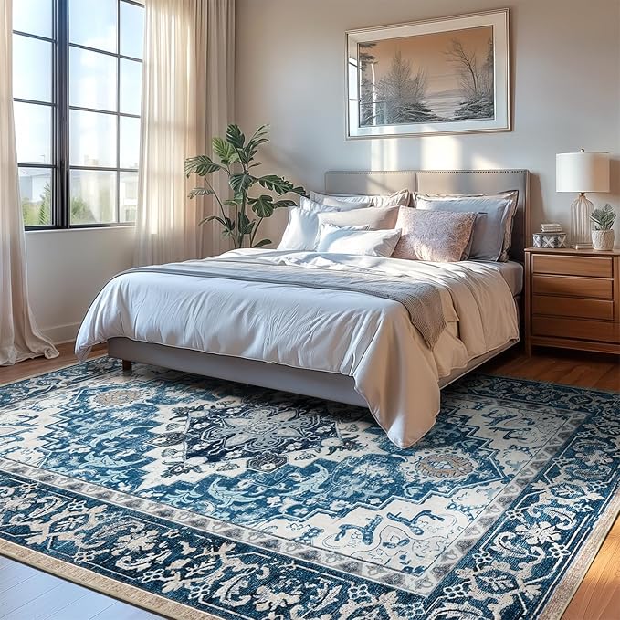 Lofus 8x10 Area Rugs for Living Room, Washable Area Rug, Rugs for Bedroom, Kitchen, Vintage Boho Carpet, Soft Non-Slip, Low Pile Large Area Rug for Office Dining Room, Floral Light Blue