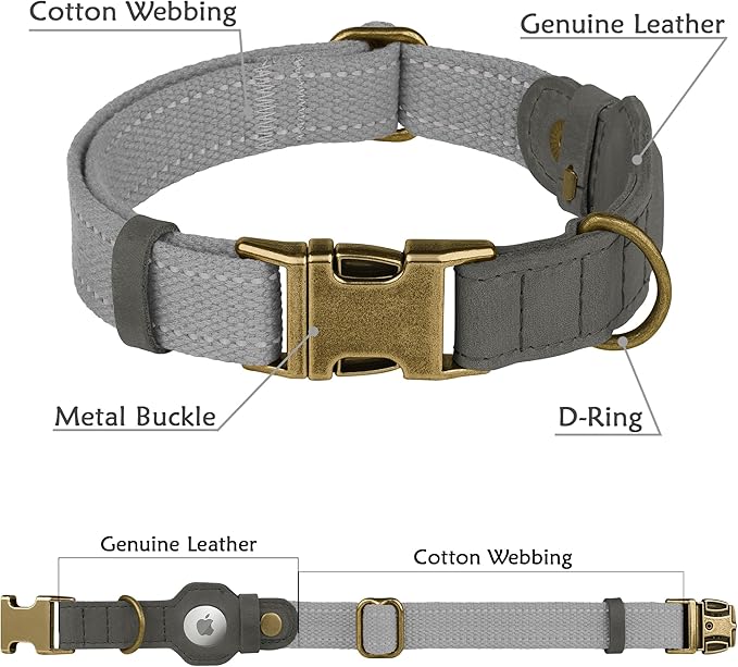 Reflective Leather Dog Collar with AirTag Holder - Soft Apple Airtag Dog Collar with Metal Buckle - Safety Cotton Pet Collars for Dogs Small Large Dogs Puppy (Grey, L, 17"-21")