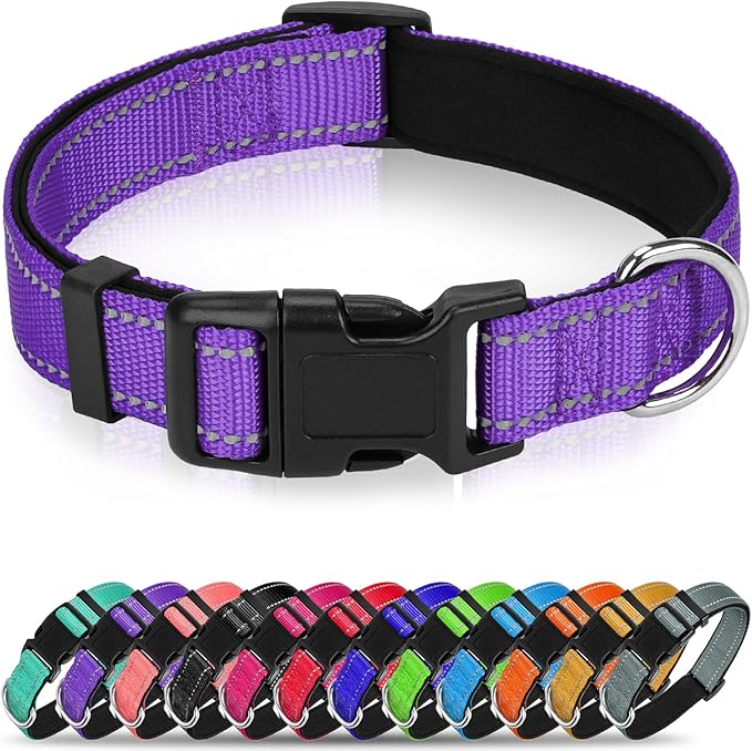 Purple Dog Collar for Mediunm Dogs, Reflective Adjustable Collar with Soft Neoprene Padded, Durable Buckle for Daily Walking,Purple,M, 3/4" Width