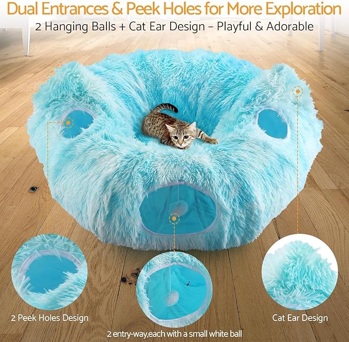 Cat Tunnel Bed, 3-in-1 Collapsible Cat Tube with Removable Washable Cushion, Multi-Shape (U/S/Half-Round) Playhouse with Peekaboo Holes, Hanging Balls & Cat Ears for Cats, Small Dogs, Rabbits