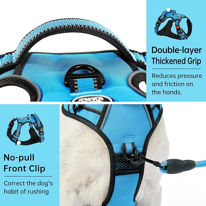 IVY&LANE No Pull Dog Harness for Large Dogs, Dog Vest Harness with Leash, Safety Belt and Storage Strap, Fully Adjustable Harness, 360° Reflective Strip, Soft Handle (Blue,XL)