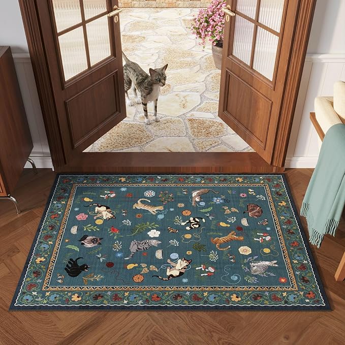 Rugcomf Door Mat Indoor Entrance 2x3 Rug Machine Washable Boho Floral Animal Cat Small Area Rug Non-Slip Low Pile Throw Rugs for Entryway Kitchen Front Door Indoor Entry Kids Room, Pearl Gentian Blue