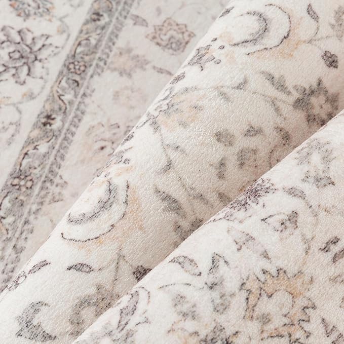9x12 Area Rug Beige Washable Vintage Carpet Living Room Bedroom Large Non Slip Stain Soft Resistant Low Pile Thin Boho Accent Indoor Throw Rug for Dining Room Office