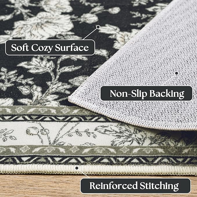 Boho Dining Room Rugs for Under Table 7x9 Washable Black Cream Beige Floral Design Sketch Style Area Rug for Living Room, Low Pile Non-Slip for Bedroom Under Bed Aesthetic Boho Farmhouse Decor