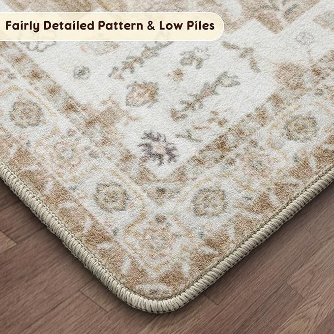 LBRO2M Boho Area Rug 9X12 Washable Rugs for Bedroom Low Piles Indoor Carpet, Non Slip Soft Rug for Living Room, Dining Room, Cream Rug Foldable Pet Friendly Area Rugs Stain Resistant (9'X12' Cream)