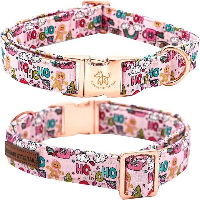 Elegant little tail Christmas Dog Collar, Pink Gingerbread Man Print Pet Collar Dog Durable Cute Dog Collars Winter Holiday Male or Female Pet Gift Adjustable Dog Collar for Large Dogs