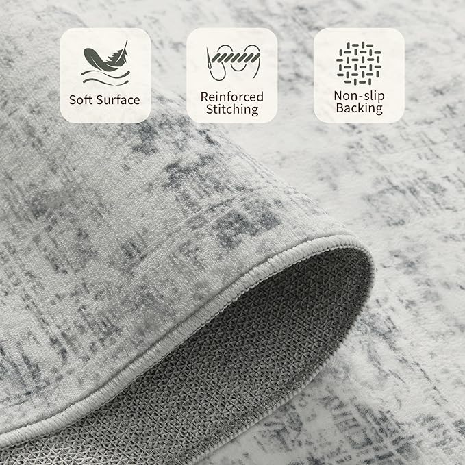 5x7 Area Rugs for Living Room Bedroom, Grey Washable Rug, Vintage Abstract Boho Rug, Non Slip & Low Pile Faux Wool Carpet for Indoor Dining Room and Farmhouse(Grey 5x7ft)