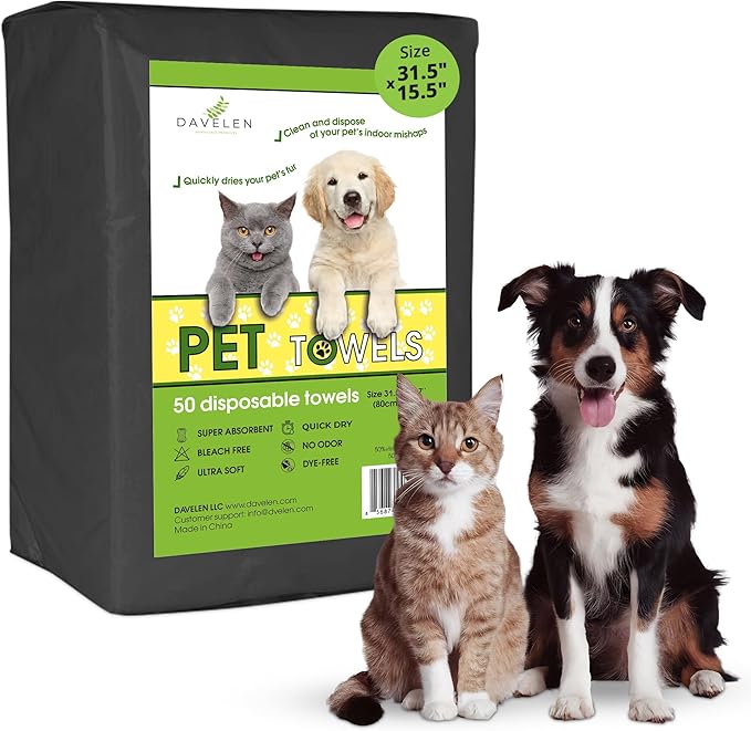 DAVELEN Disposable Pet Towels (50-Pack), Super Absorbent, for Small, Medium, Large Dogs & Cats | Paws, Fur, Body Use | Bleach and Dye Free, Ecofriendly | Towels Size: 31.5" x 15.5" (Black)