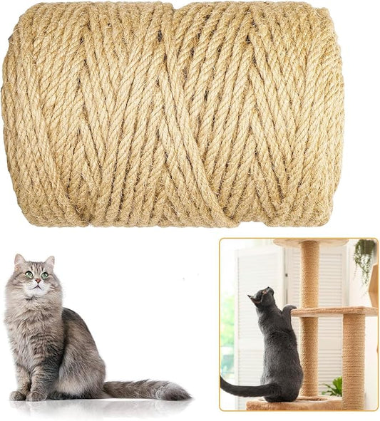 90M Sisal Rope for Cat Scratchers, Cat Scratching Sisal Rope 6mm Natural Jute Hemp Rope, Ideal for Replace Scratching Post, Repair Cat Tree, DIY Projects